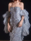 Sparkly Mermaid Evening Dress Strapless Silver Gray Sequins Prom Dress Long Party Dress 21st Birthday Outfits HZ0311