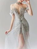 Vintage Silver Gray Mermaid Evening Dress Off The Shoulder Beaded Prom Dress Long Party Dress Birthday Outfits HZ0311