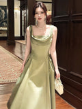 Elegant A line Square Neck Green Satin Ankle Length Prom Dresses 17th Nigh Party Birthday Outfits HZ0311