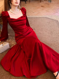 Modest Mermaid Square Neck Red Satin Long Sleeves Prom Dresses Wedding Guest Dress Birthday Outfits HZ0311