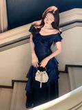 Elegant Mermaid Off The Shoulder Navy Blue Long Prom Dresses 16th Nigh Party Birthday Outfits HZ0311