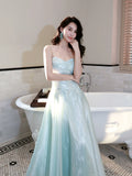 Classy A Line Spaghetti Strap Ice Blue Ankle Length Pleated Prom Dress Aesthetic Graduation Birthday Outfits HZ0311
