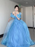 Princess Ball Gown Off The Shoulder Blue Prom Dresses Inspiration Long Party Night Gowns 20th Birthday Outfits HZ0311