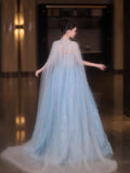 Sparkly Ball Gowns 2026 Strapless Blue With Beaded Cape Prom Dresses Inspiration Long Party Night Evening Gowns 19th Birthday Outfits HZ0311