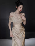 Sexy Mermaid Off The Shoulder Champagne Long Sequins Prom Dresses Party Dress 16th Birthday Outfits Graduation Dress HZ0311