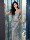Unique Mermaid Off The Shoulder Blue Prom Dresses Inspiration Long Party Night Gowns 20th Birthday Outfits HZ0311