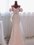 Sparkly Mermaid Evening Dress Off The Shoulder Pink Sequins Prom Dress Long Party Dress 19th Birthday Outfits HZ0311