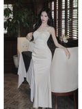 Classy Mermaid One Shoulder White With Beaded Satin Ankle Length Pleated Prom Dress Aesthetic Graduation Birthday Outfits HZ0311