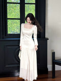 Simple A Line Square Neck Drop Waist White Chiffon Mid Length Prom Dress Aesthetic Graduation Evening Outfits HZ0311