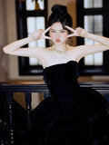 Princess Ball Gown Strapless Black Velvet With Gloves Prom Dresses Inspiration Long Party Night Gowns 18th Birthday Outfits HZ0311