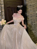 Princess Ball Gown Off The Shoulder Champagne Prom Dresses Inspiration Long Party Night Gowns 18th Birthday Outfits HZ0311