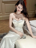Elegant Mermaid Spaghetti Strap White Satin Long Pleated Prom Dress Aesthetic Graduation Evening Outfits HZ0311