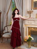 Elegant Mermaid Spaghetti Strap Burgundy Velvet Long Layered Prom Dress Aesthetic Long Graduation Evening Outfits HZ0311