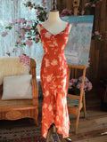 Vintage 1950s Mermaid V Neck Floral Chiffon With Scarf Prom Dresses Inspiration Long Party Evening Dress 18th Birthday Outfits HZ0311
