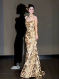 Glitter Mermaid Strapless Gold Sequins Long Formal Prom Dresses Dance Night Outfits Evening Party Gowns HZ0311