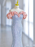 Elegant Mermaid Off The Shoulder Blue Sequins Prom Dresses Inspiration Long Party Evening Dress 19th Birthday Outfits HZ0311