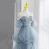 Modest Ball Gown Off The Shoulder Dusty Blue Tulle Prom Dresses Inspiration Long Party Night Evening Dress 20th Birthday Outfits HZ0311