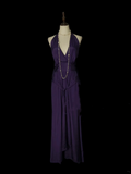 Simple A line Halter V Neck Chiffon Grape Long Prom Dress Ideas With Pleated Formal Party Dress Inspo For Women HZ0311