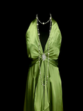 Simple A line Halter Olive Green Ruched Satin Long Prom Dress Ideas With Pleated Formal Party Dress Inspo For Women HZ0311