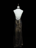 Classy Formal Mermaid Halter Black Tulle With Beads Style Impress Long Prom Dresses Party Gowns HZ0311
