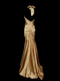 Modest Prom Dresses Aesthetic Mermaid Halter Gold Satin Inspiration Backless Style Impress Long Party Formal Gown HZ0311