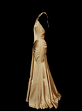 Modest Prom Dresses Aesthetic Mermaid Halter Gold Satin Inspiration Backless Style Impress Long Party Formal Gown HZ0311