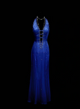 Fancy Mermaid Halter Royal Blue Satin Long Prom Dresses Formal Gowns Inspo Evening Outfit HZ0311