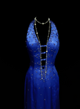 Fancy Mermaid Halter Royal Blue Satin Long Prom Dresses Formal Gowns Inspo Evening Outfit HZ0311