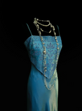 Vintage Mermaid 2 Piece Blue Spaghetti Strap Long 70s Prom Dresses Formal Gowns Inspo Evening Outfit HZ0311