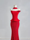 Flattering Mermaid Strapless Red Satin Lace Prom Dresses Long Evening Formal Birthday Party Gowns HZ0311