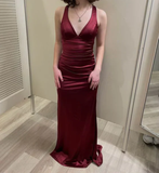 Chic Mermaid V Neck Burgundy Satin Prom Dresses Formal Dress 18th Birthday Outfits Prom Gown HZ0311