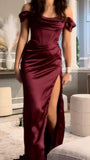 Modest Mermaid Off The Shoulder Burgundy Satin Floor Length Prom Dresses Formal Dress Birthday Outfits Prom Gown HZ0311