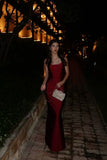 Cheap Mermaid Spaghetti Straps Burgundy Satin Prom Dresses Formal Dress Birthday Outfits Prom Gown HZ0311