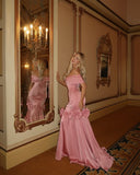 Sweet Mermaid Off The Shoulder Pink Satin Floor Length Prom Dresses Formal Dress Birthday Outfits Prom Gown HZ0311