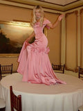 Sweet Mermaid Off The Shoulder Pink Satin Floor Length Prom Dresses Formal Dress Birthday Outfits Prom Gown HZ0311