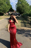 Modern Mermaid V Neck Red Satin Prom Dresses Formal Dress 18th Birthday Outfits Prom Gown HZ0311