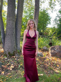 Chic Mermaid V Neck Burgundy Satin Prom Dresses Formal Dress 18th Birthday Outfits Prom Gown HZ0311