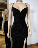 Sexy Mermaid Spaghetti Straps Black Sequin Slit Prom Dresses Formal Dress 18th Birthday Outfits Prom Gown HZ0311