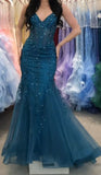 Sexy Mermaid Spaghetti Straps Navy Blue Lace Tulle Prom Dresses Formal Dress 18th Birthday Outfits Prom Gown HZ0311