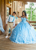Charming Ball Gown Off The Shoulder Blue Flowers Satin Long Quinceanera Dress Sweet 15 16 Dresses HZ0311
