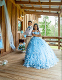Charming Ball Gown Off The Shoulder Blue Flowers Satin Long Quinceanera Dress Sweet 15 16 Dresses HZ0311