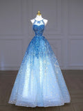 Shinning Ball Gown Blue Beaded Tulle Senior Aesthetic Prom Dresses Prom Gowns Formal Outfits Graduation Dress HZ0311