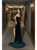 Vintage Mermaid Halter Dark Green Velvet Slit Prom Dresses Formal Dress 18th Birthday Outfits Prom Gown HZ0311