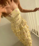 Modest Sheath Strapless Yellow Chiffon Floral Long Prom Dresses Party Dress 22th Birthday Outfits Graduation Dress HZ0311