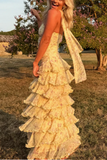 Modest Sheath Strapless Yellow Chiffon Floral Long Prom Dresses Party Dress 22th Birthday Outfits Graduation Dress HZ0311