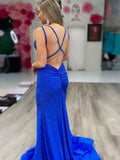 Modest Trendy Mermaid Spaghetti Straps Navy Blue Sequins Prom Dresses Style Long Senior High School Dance Party Dress HZ0311