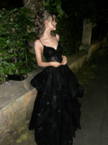 Chic Ball Gown Spaghetti Straps Navy Blue Tulle Long Prom Dresses Inspiration Party Dress Prom Gowns HZ0311