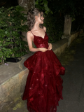 Modest long A line sweetheart dark burgundy sequins prom dress Formal Party Gown HZ0311
