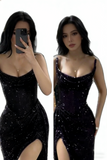 Unique Mermaid Strapless Dark Purple Sequin Split Prom Dresses Long Party Dress Birthday Outfits Prom Gown HZ0311