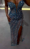 Gorgeous Mermaid Sweetheart Blue Slit Sequins Beaded Bodice Prom Dresses Long Formal Party Gown HZ0311